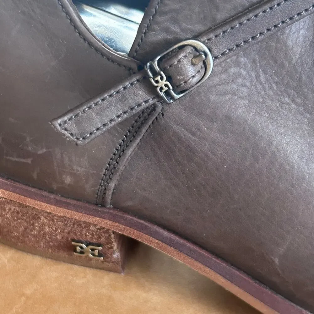 Leather Ankle Booties Western Equestrian Stacked Heel Brown 6 Sam Edelman - Picture 7 of 10